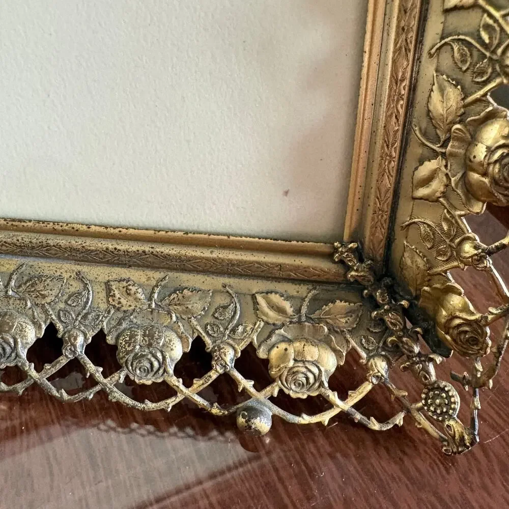 Vintage Signed Baby Portrait Drawing in Gold Tone Rose Filigree Frame